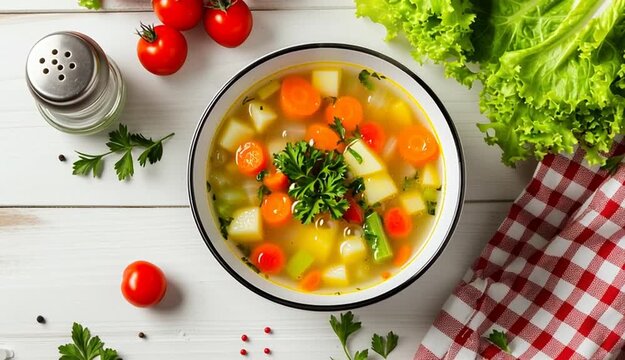 Homemade vegetable soup with carrots, potatoes, onions and celery in white enamel bowl with black rim, garnished with fresh green herbs, served on white wooden table, fresh lettuce leaves, cherry to