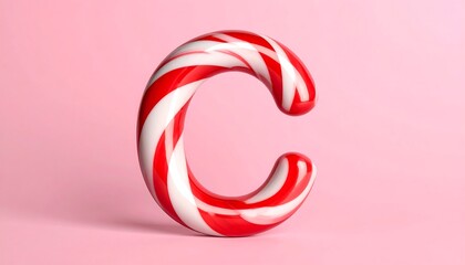 A large, swirly red-and-white candy cane shaped like the letter "C", against a soft pink backdrop