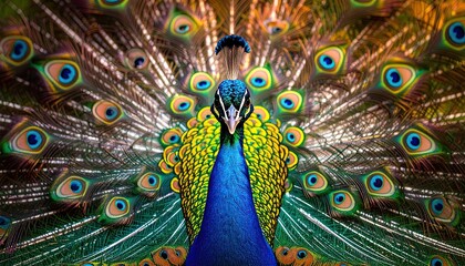 Obraz premium Close Up Of A Male Peacock Displaying Its Vibrant Iridescent Feathers In A Symmetrical Pattern With A Shallow Depth Of Field And Warm Lighting Highlighting The Intricate Details Of Its Plumage