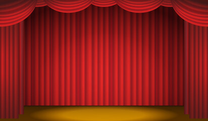 フレーム_上部が円のドレープ_下したカーテン_横長_赤