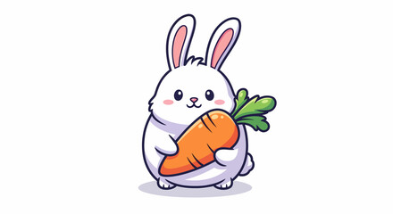 Obraz premium A cute chubby white cartoon rabbit happily holding a large orange carrot, isolated on a white background.