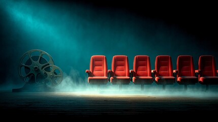 Red Theater Seats with Vintage Film Reel in Dramatic Lighting