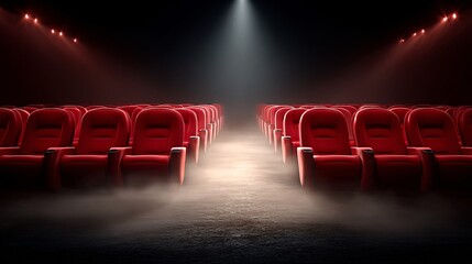 Empty Movie Theater with Red Seats and Dramatic Lighting Effects