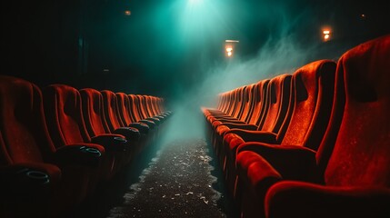 Empty Cinema Rows With Fog and Soft Light in Abandoned Theater