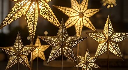 Obraz premium Warm glowing star lanterns create a magical holiday atmosphere with intricate patterned light.