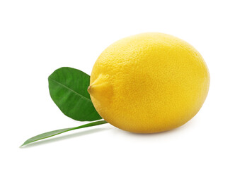 One whole ripe lemon and leaves isolated on white
