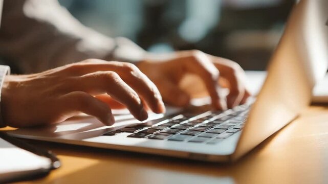 Digital Taskmaster: A focused individual's hands fly across a laptop keyboard, engaged in focused work. The image embodies the spirit of productivity, remote work, and digital proficiency.