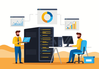 Business data management concept with IT professionals working in a server room analyzing information for corporate strategy. 3.eps vector illustration