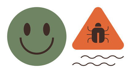 happy face represents positivity next to warning sign with bug and waves symbolizing risk or caution. Ideal for safety, health, risk management, optimism, cybersecurity, awareness campaigns, simple