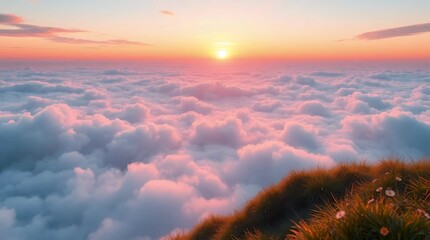 glowing sunset light shining above the fluffy pink clouds creating a romantic and ethereal sky with soft gradient colors and peaceful mood