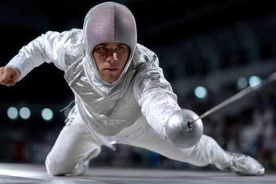 Fencing athlete aggressively lunges forward during a competitive match in a modern arena