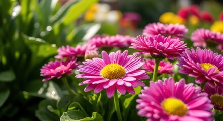 Obraz premium Pink daisies in a garden with green leaves.