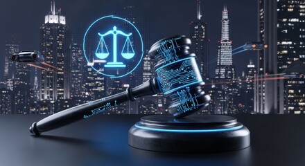 A judge's gavel with a digital justice scale icon on a cityscape background.