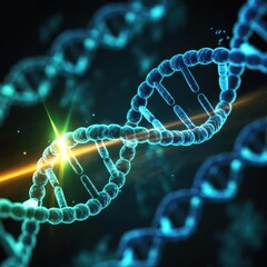 Glowing Turquoise DNA Helix with Light Beam Visualization