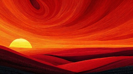 Vibrant Sunset Over Abstract Landscape with Swirling Colors