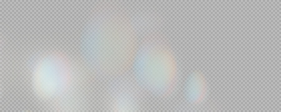 Set of rainbow light flares, reflection effect, falling confetti. Light rainbow lights with transparent effect, sparkling prism, stripe overlay, rainbow crystal, vector, png.