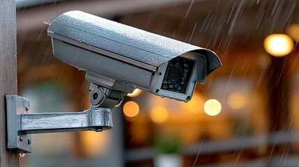 Rain-Drenched Security Camera Monitoring Outdoor Area at Dusk