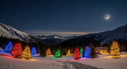 Winter Wonderland Christmas Trees Illuminated in Snowy Mountain Landscape Under Crescent Moon.