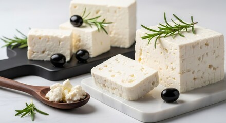 Fresh Greek feta cheese with black olives and rosemary. Healthy appetizer for a Mediterranean diet. Gourmet dairy product on a marble background.