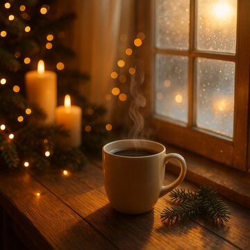 Christmas Coffee by Candlelight Window