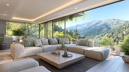 Modern Living Room with Scenic Mountain View and Natural Light