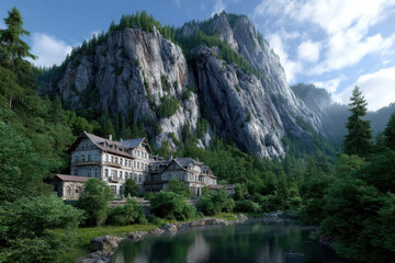 Fototapeta premium Mountain resort nestled by calm lake surrounded by tall trees and rocky cliffs during a clear day