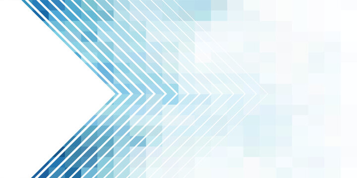 Abstract blue geometric background with a pixelated mosaic pattern and white chevron lines pointing right.