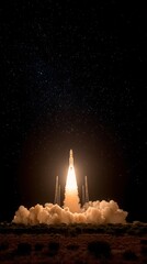 Rocket Launch Against a Starry Sky with Bright Flames and Smoke