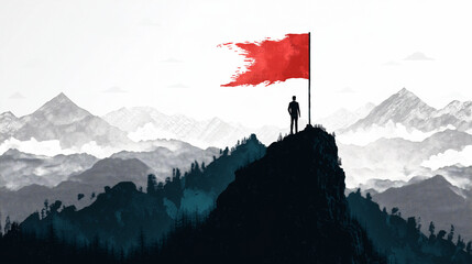 a man on a mountain with a red flag raised concept of achieving a difficult 