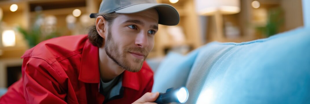 Young caucasian male pest control technician inspecting sofa with flashlight - Powered by Adobe