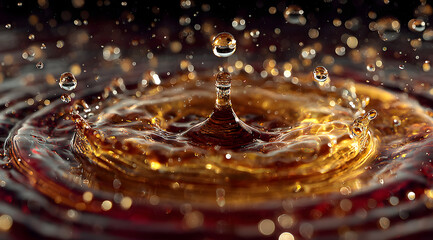 An extreme macro view of a singing bowl's vibration creating bouncing water droplets and ripples, demonstrating sound physics and energy
