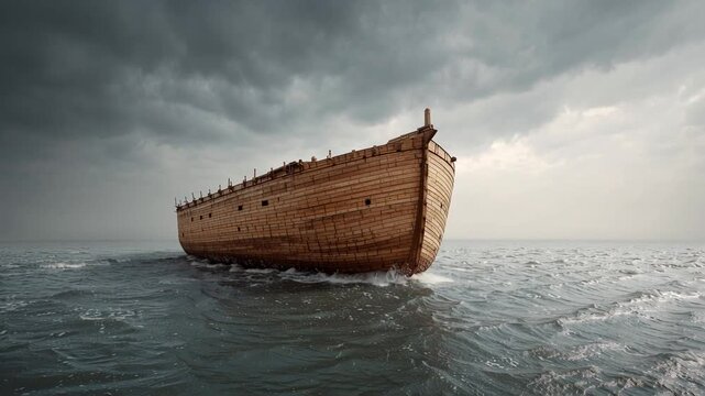 Religious bible story of Noahs Ark, wooden vessel on vast stormy sea under dramatic sky during Genesis flood of salvation