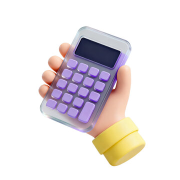 3D Rendered Skin-Toned Hand (Yellow Cuff) Holding Transparent Calculator (Purple Buttons, Black Display) &ndash; For Calculation, Office & Finance Tool Visual Concept