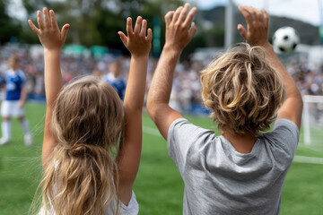 Children celebrate a goal at a lively soccer match in a community park during summer