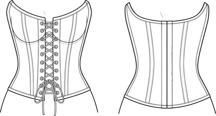 Women’s corset technical flat fashion vector illustration with lace up back, structured seams, boning details, garment design template for apparel