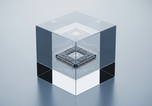 Microchip or CPU encased in a clear glass cube, representing quantum computing, data storage, and future technology against a light gray background