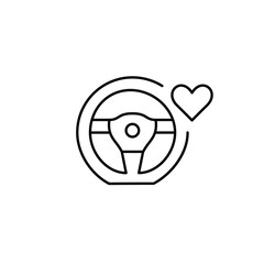 Steering wheel and heart. Love for driving, vehicle service and care. Pixel perfect, editable stroke vector icon