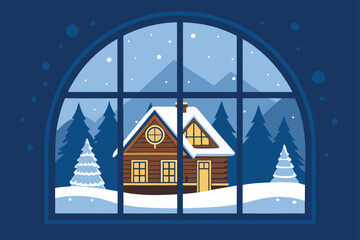 Cozy winter cabin viewed through a frosted window.