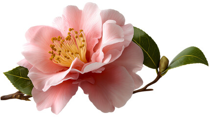 Obraz premium Pink Camellia Flower with Green Leaves and Bud