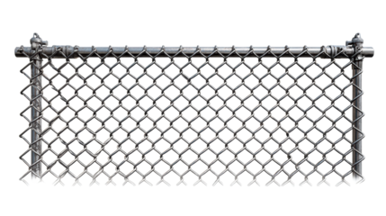 Metal chain link fence section on white background