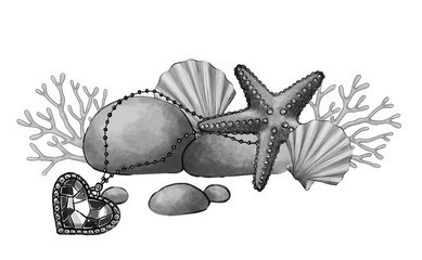 Black and white raster illustration of seashells, starfish, corals, stones, and pendant in heart shape. Hand-drawn marine still life on white background for tattoo art, posters, or packaging design.