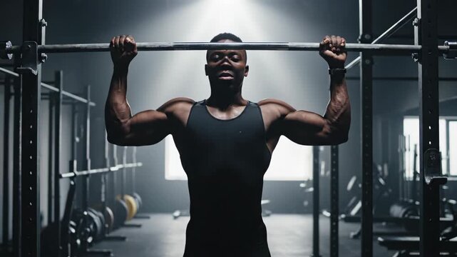Muscular man holding pull-up bar in dark fitness facility