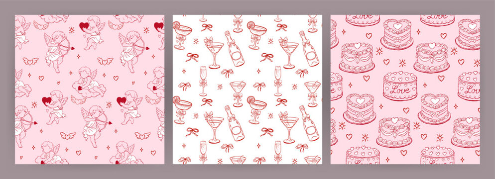 Seamless Valentine patterns with cupids, drinks and cakes
