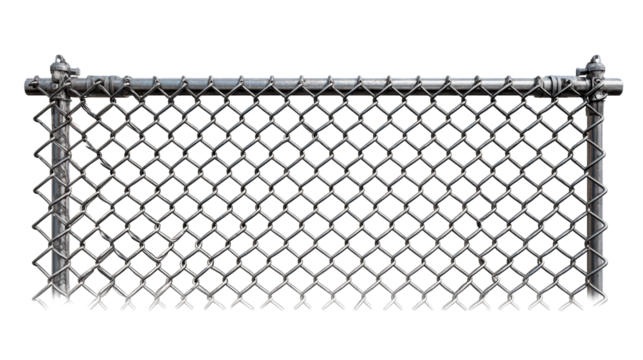 Metal chain link fence section on white background