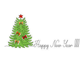 Greeting card with lettering Happy New Year and christmas tree fir,  continuous single one line art hand drawing sketch, logo on white background