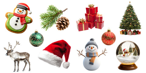 Set of various Christmas items isolated on a transparent background PNG: snowman-shaped cookie, gift boxes, Christmas tree, reindeer, Santa hat, snowman, glass Christmas ball