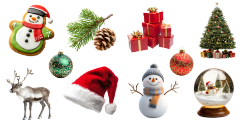 Set of various Christmas items isolated on a transparent background PNG: snowman-shaped cookie, gift boxes, Christmas tree, reindeer, Santa hat, snowman, glass Christmas ball