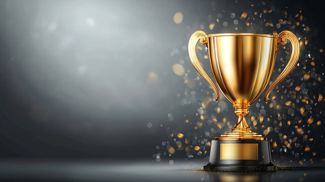Golden trophy cup in golden sparkle gray background