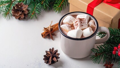 Christmas and New Year hot chocolate with marshmallows, fir branches, pine cones, and gift box on white background for holiday