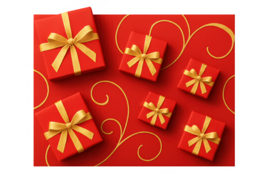 Red gift boxes with golden ribbons creating a festive pattern on red background, transparent png element